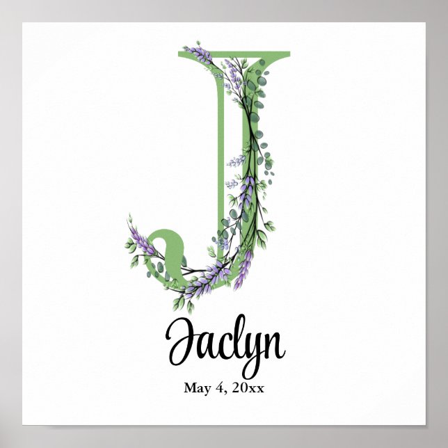 Affiche de nurserie Monogramme J Lavande Eucalyptu (Devant)