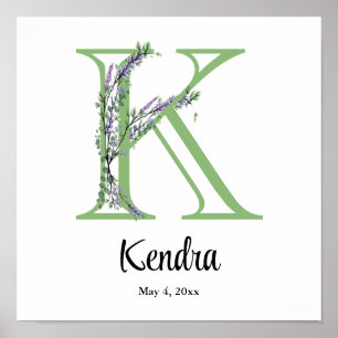 Affiche de nurserie Monogramme K Lavande Eucalyptu