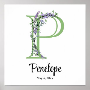 Affiche de nurserie Monogramme P Lavande Eucalyptu