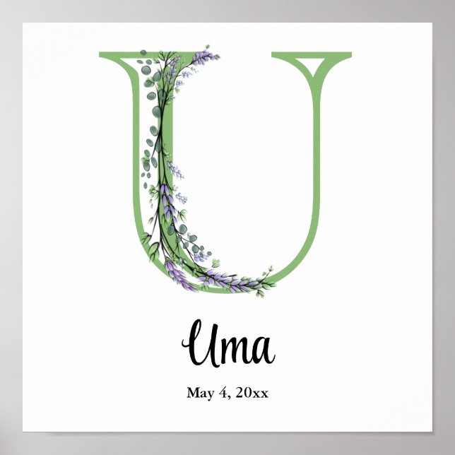 Affiche de nurserie Monogramme U Lavande Eucalyptu (Devant)