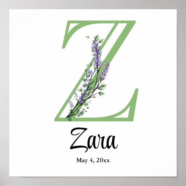 Affiche de nurserie Monogramme Z Lavande Eucalyptu (Devant)