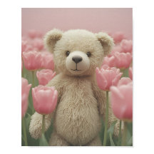 Affiche de nurserie Ourson et tulipe rose