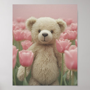 Affiche de nurserie Ourson et tulipe rose