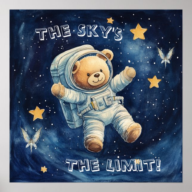 Affiche de nurserie Teddy Astronaute Bleu Douce Rê (Devant)