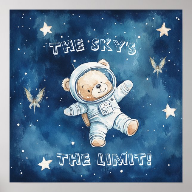 Affiche de nurserie Teddy Astronaute Bleu Rêves Do (Devant)