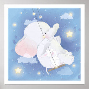 AFFICHE DE NURSERY : BABY ELEPHANT + BUNNY
