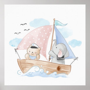 AFFICHE DE NURSERY : BATEAU AVEC ÉLÉPHANT & OURSON