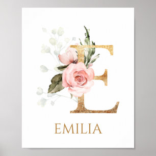 Affiche de nursery Monogramme Lettre E rose rose