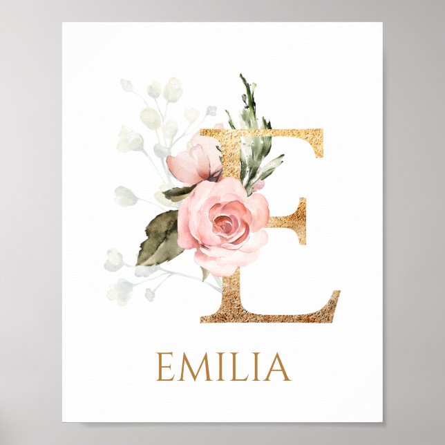 Affiche de nursery Monogramme Lettre E rose rose (Devant)