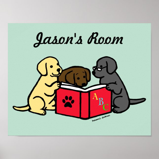 Affiche de nursery pour chiots labrador lisant (Devant)