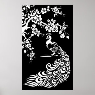 Affiche de paon blanc noir et de fleurs de cerisie