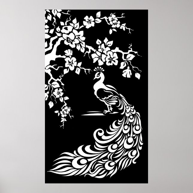 Affiche de paon blanc noir et de fleurs de cerisie (Devant)