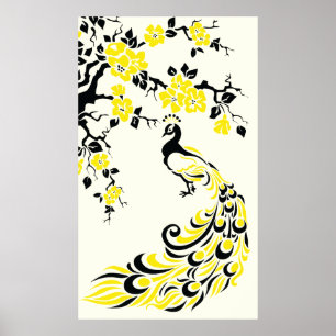 Affiche de paon jaune noir et de fleurs de cerisie