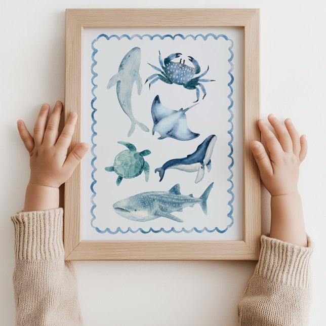 Affiche de papier peint bleu pour la nurserie de l (Sea Life Ocean crab shark Nursery Blue Wall Art Poster )