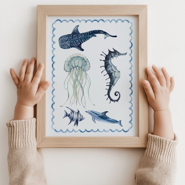Affiche de papier peint bleu pour la nurserie de l (Sea Life Ocean seahorse jellyfish Nursery Blue Wall Art Poster )