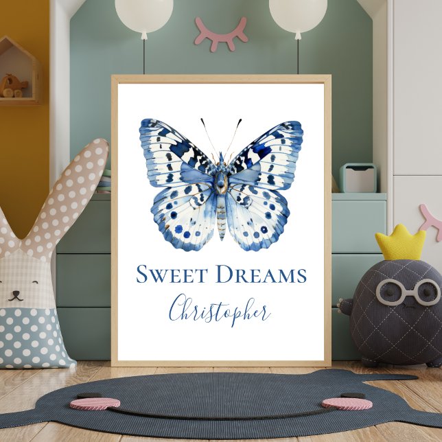 Affiche de papier peint de pépinière de papillon à (Personalized Blue White Butterfly Nursery Wall Art Print Poster. )
