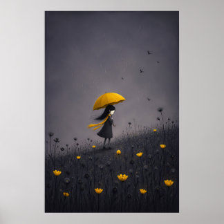 Affiche de parapluie jaune fleurs sombre et fantai