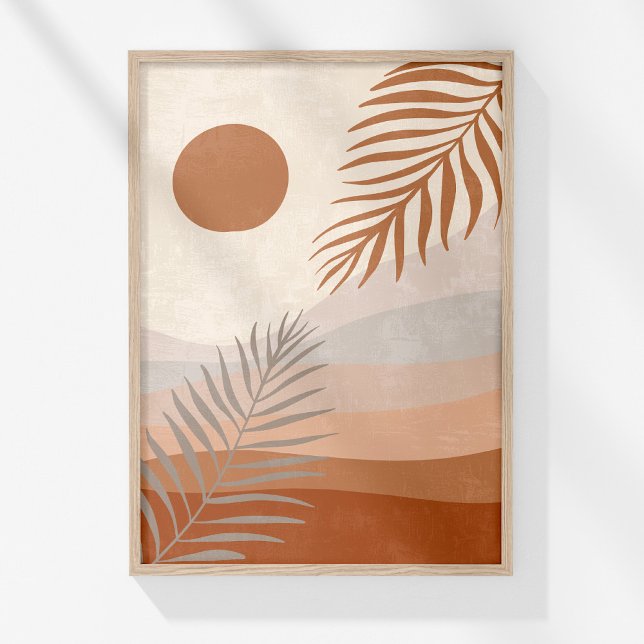 Affiche de paysage botanique neutre boho (Boho Neutral Abstract Landscape Botanical Wall Art in a wooden frame on a sunny white wall.)