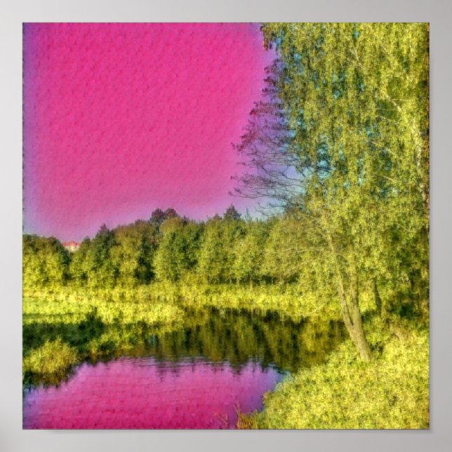 Affiche de paysage campagnard rose et vert (Devant)