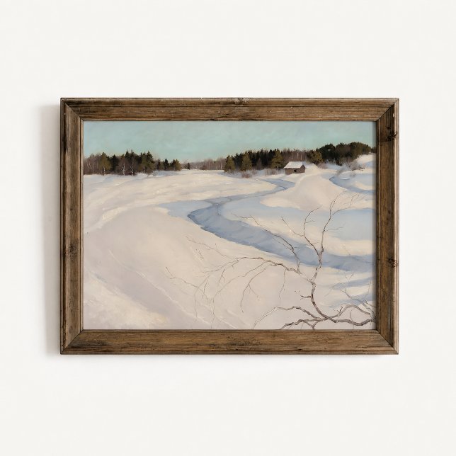 Affiche de paysage de cabane de rivière d'hiver (Winter River Cabin Wall Art Poster - close-up view (frame/decor not included))
