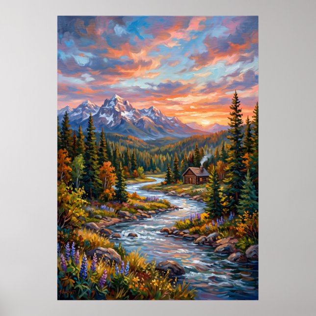 Affiche de paysage de coucher de soleil de rivière (Devant)