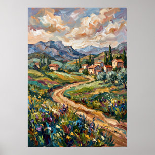 Affiche de paysage de fleurs sauvages de village d