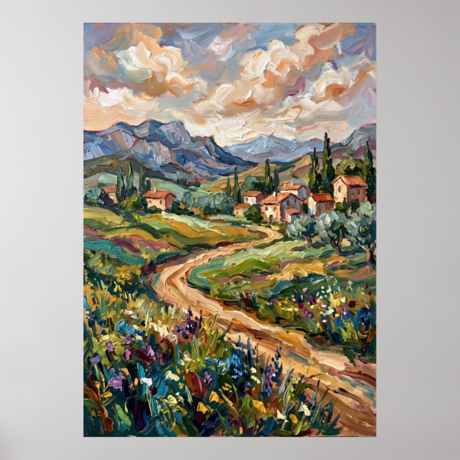 Affiche de paysage de fleurs sauvages de village d (Devant)