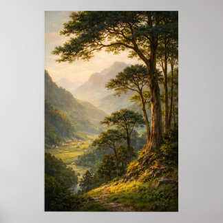 Affiche de paysage de montagne vintage, forêt sere