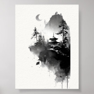 Affiche de paysage de pagode zen à l'encre japonai