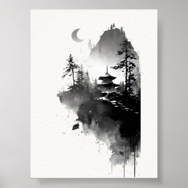 Affiche de paysage de pagode zen à l'encre japonai (Devant)