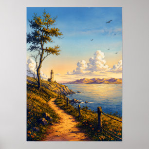 Affiche de paysage de phare côtier de l'heure doré