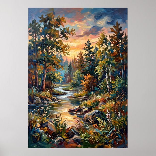 Affiche de paysage de ruisseau de forêt de coucher (Devant)