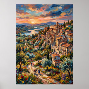 Affiche de paysage de village à flanc de colline
