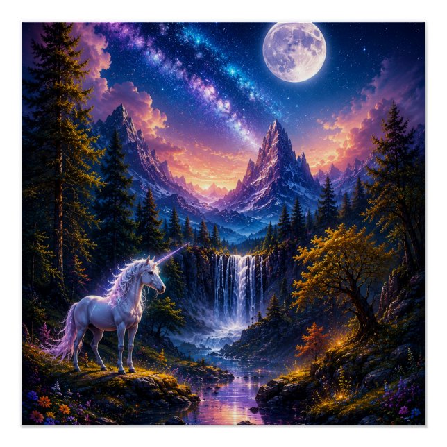 Affiche de paysage fantastique de licorne au clair (Devant)