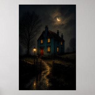 Affiche de paysage nocturne de cottage gothique lu