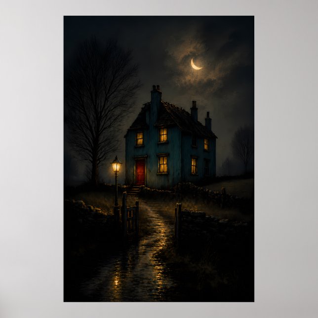 Affiche de paysage nocturne de cottage gothique lu (Devant)