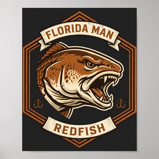 Affiche de pêche Badge Copper Redfish Florida Man (Devant)
