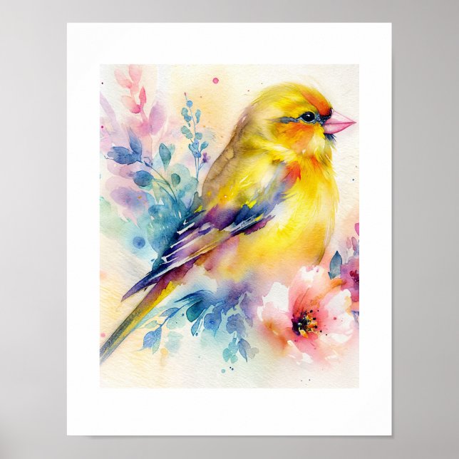 Affiche de peinture à l'eau florale d'oiseau chant (Devant)