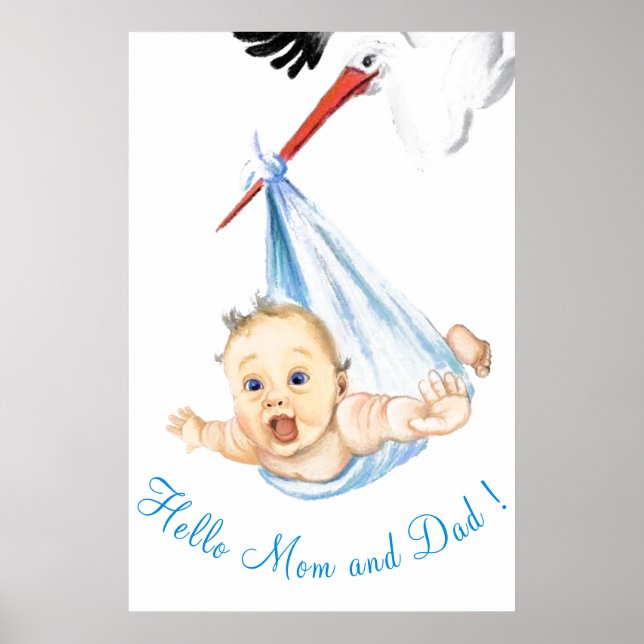 Affiche de peinture de cigogne portant bébé  (Devant)