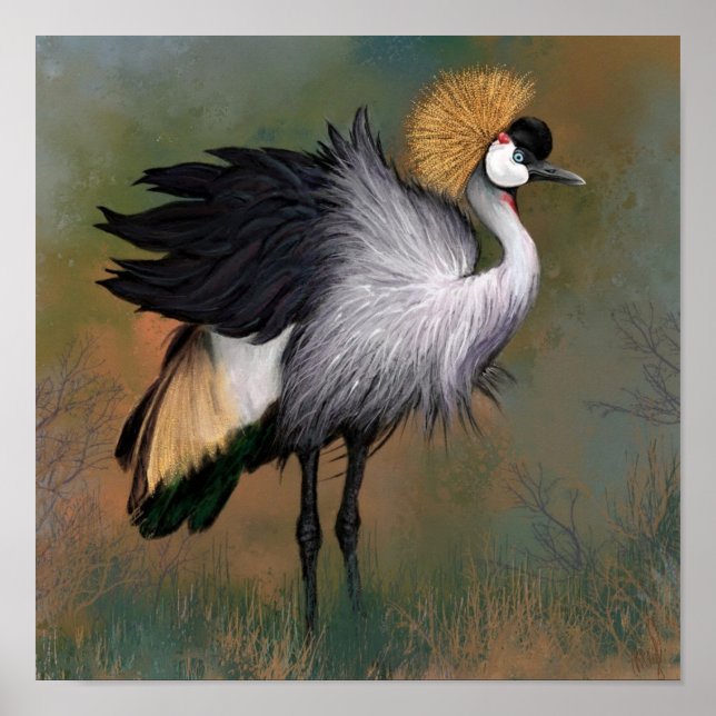 Affiche de peinture d'oiseau Grue couronnée grise (Devant)