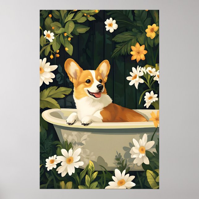 Affiche de Pembroke Welsh Corgi dans une baignoire (Devant)