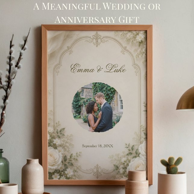 Affiche de photo de mariage personnalisée | Floral (Personalized wedding photo poster with elegant floral design for reception and home decor)