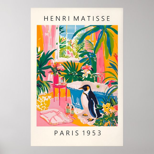 Affiche de pingouin drôle, décor Dopamine, Rose (Devant)