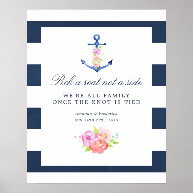 Affiche de placement de mariage nautique floral aq (Devant)