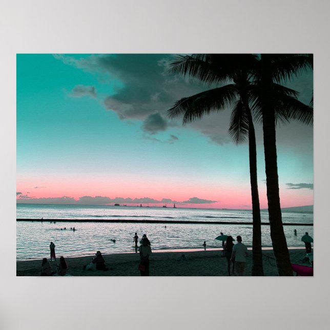 Affiche de plage Hawaï ciel rose et aqua (Devant)