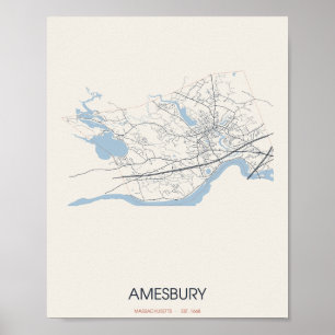 Affiche de plan de rue d'Amesbury Massachusetts