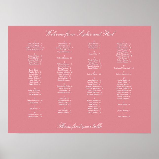 Affiche de plan de salle alphabétique Rose Pâle (Devant)