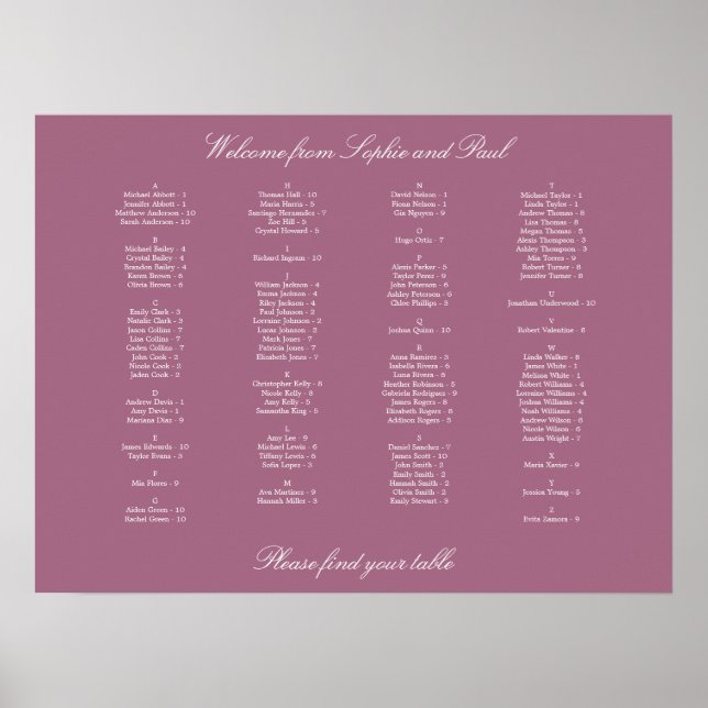 Affiche de plan de table alphabétique mauve (Devant)