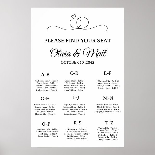 Affiche de plan de table alphabétique pour mariage (Devant)