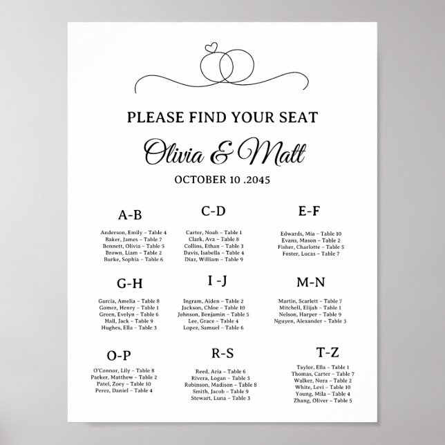 Affiche de plan de table alphabétique pour mariage (Devant)